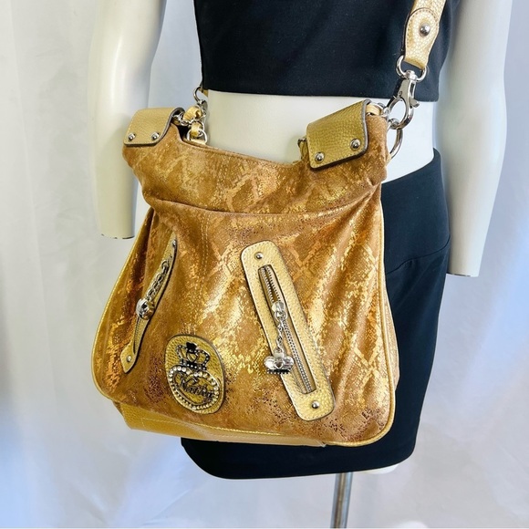 KATHY VAN ZEELAND GOLD CROSSBODY BAG FAUX DIAMOND SHOULDER Y2K  LEATHER BAG - Picture 4 of 14